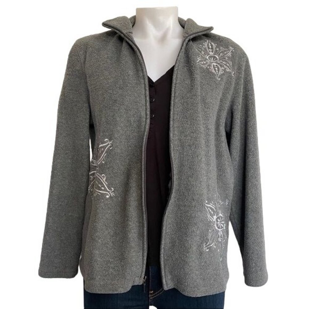 Croft & Barrow Embroidered Snowflake Grey Zip up Fleece Sweatshirt Size M - Picture 3 of 10